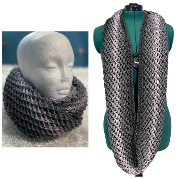 Hand Crafted Accessories - Handmade Hand Crafted Knit Infinity Cowl Scarf Gray Striped